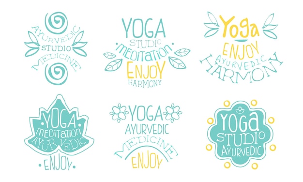 Vector ayurvedic medicine studio labels set meditation studio enjoy harmony hand drawn badges vector