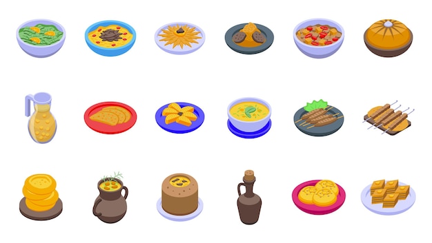 Azerbaijan cuisine icons set isometric vector Baku culture