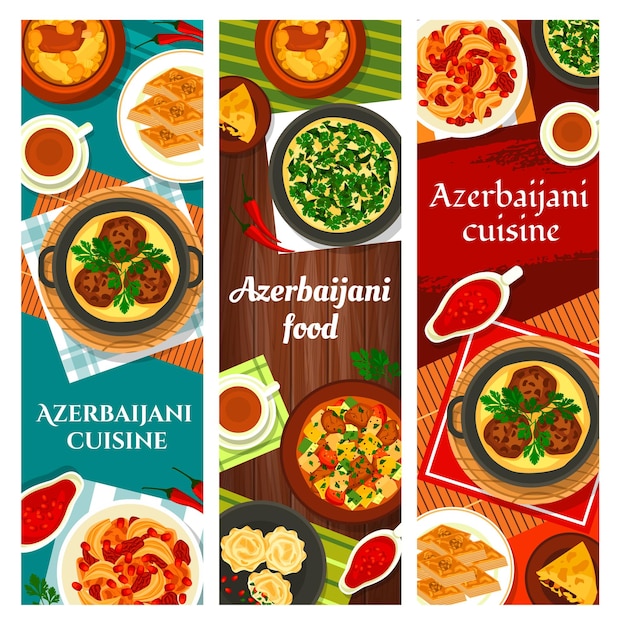 Azerbaijani food meals walnut baklava, shah pilaf and stew ovrishta. Herb omelette kuku, tava kebab, fish pie kyata or lamb vegetable stew choban govurma with , lamb chickpea stew piti dishes