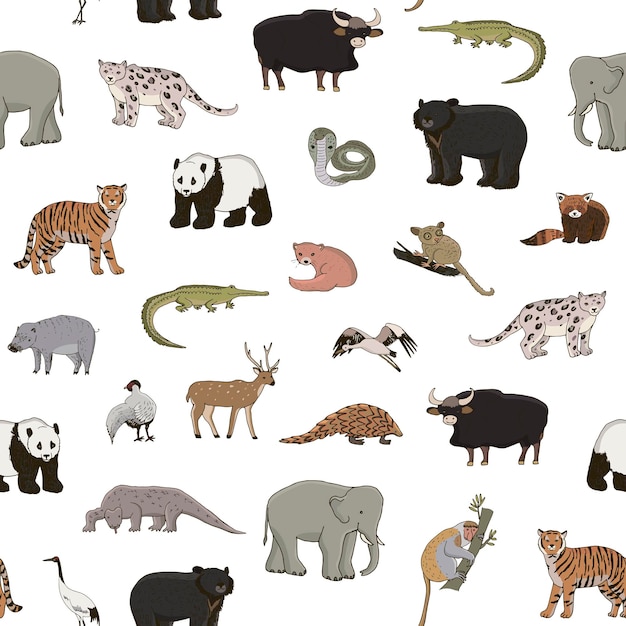 Azian animals panda tiger elephant vector seamless pattern