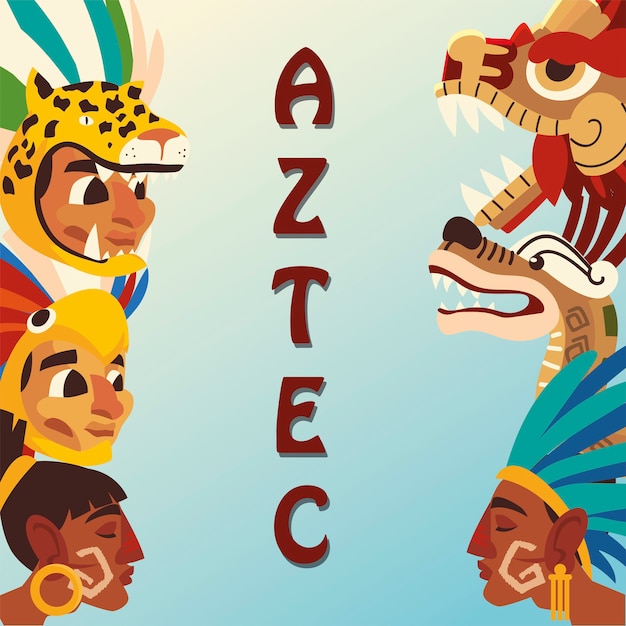 Aztec character people snake pyramid weapon native culture icons illustration