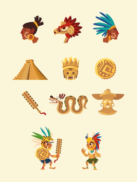 Aztec character people snake pyramid weapon native culture icons illustration