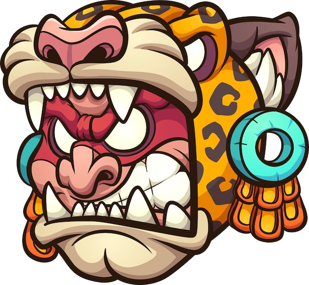 Aztec Jaguar warrior with angry face cartoon