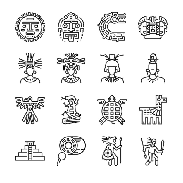 Aztec line icon set. 