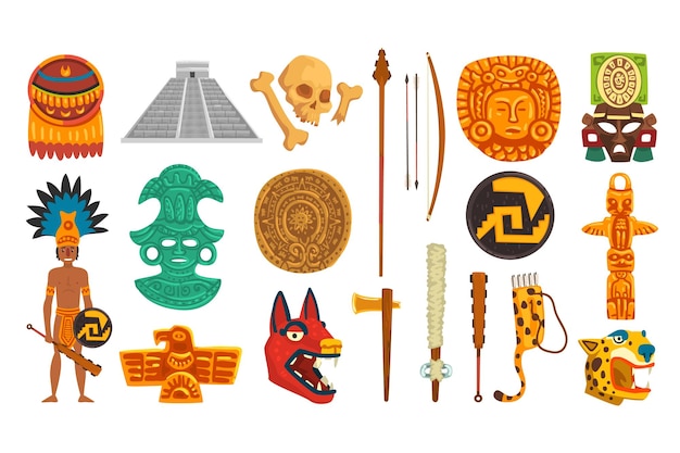 Vector aztec and mayan civilization cultural objects set mexican culture traditional symbols cartoon vector illustration