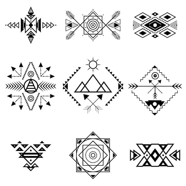 Aztec Style Ornament Black Thin Line Icon Set Vector