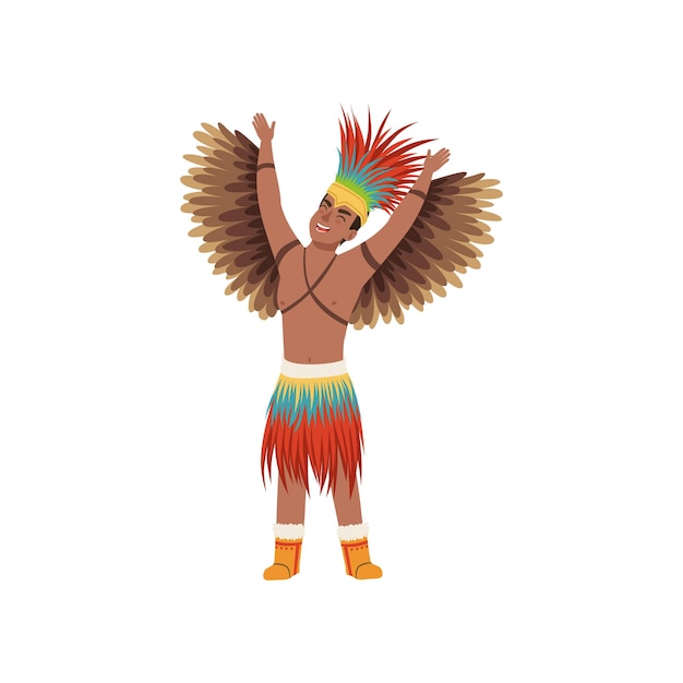 Aztec warrior man character in traditional clothes with wings vector Illustration isolated on a white background