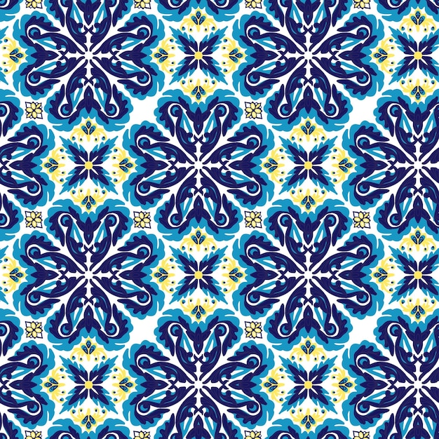 Azulejos blue and yellow seamless pattern Protugal style surface design