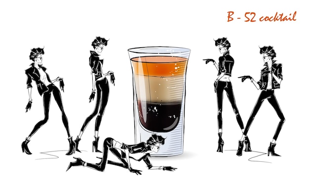 B 52 cocktail. Fashion girl in style sketch with cocktail. Vector Illustration