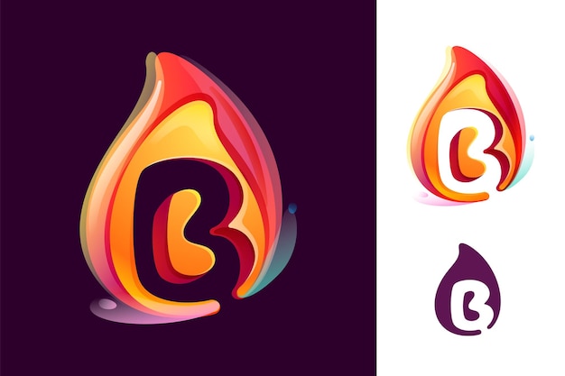 B letter logo in fire flame Negative space 3D realistic icon Vibrant initial in watercolor style