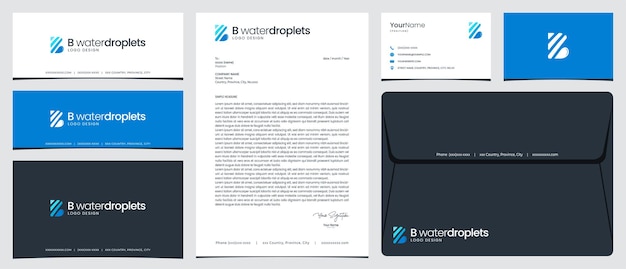 B water droplets logo with stationery business card and social media banner designs