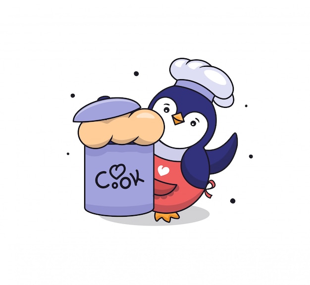 A babies-penguin in a cap and apron hid behind a pot of dough. illustration with lettering - Love Cooking