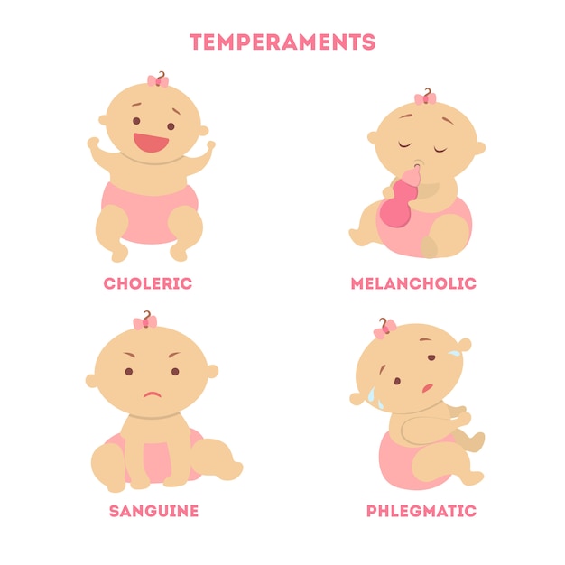 Babies temperaments set. Choleric and melancholic, sanguine and phlegmatic.