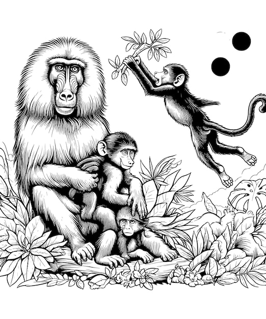 Baboon coloring pages vector art and illustration