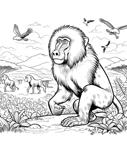 Baboon coloring pages vector art and illustration