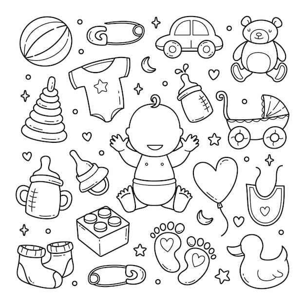 Baby accessories doodle hand drawn vector clip art objects