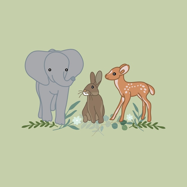 baby animal cartoon elephant, deer, rabbit free vector