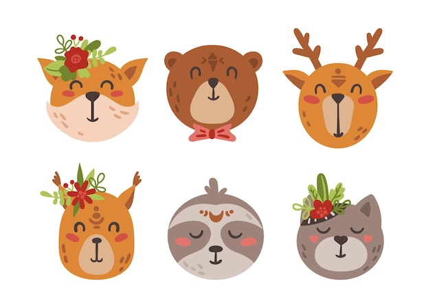 Baby animal faces boho clipart. Cute kids tribal animals