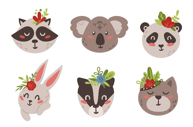 Baby animal faces boho clipart. Cute kids tribal animals