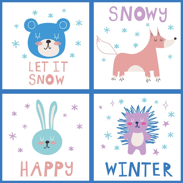 Baby animals set card winter animals collection cute animals cartoon vector thickly clothed pet adorable pet vector minimalist cartoon design EPS