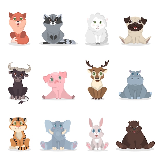 Baby animals set. Cute cartoon animals on white.