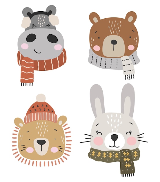 Baby animals set, winter animals collection, cute animals cartoon vector, thickly clothed pet