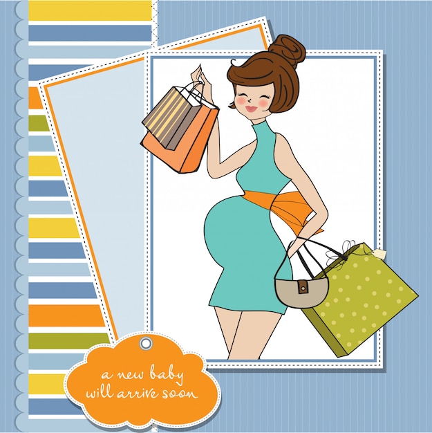 Baby announcement card with beautiful pregnant woman on shopping