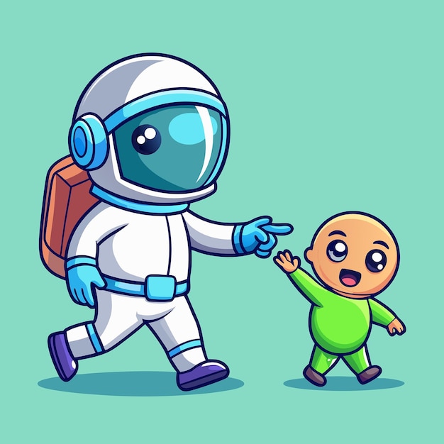 Vector baby astronaut strolling with alien and teddy bear in space