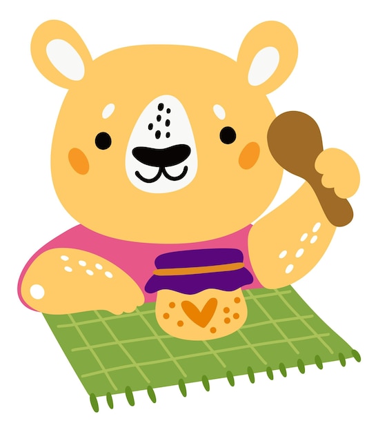 Baby bear eat honey Cute animal with jar and spoon