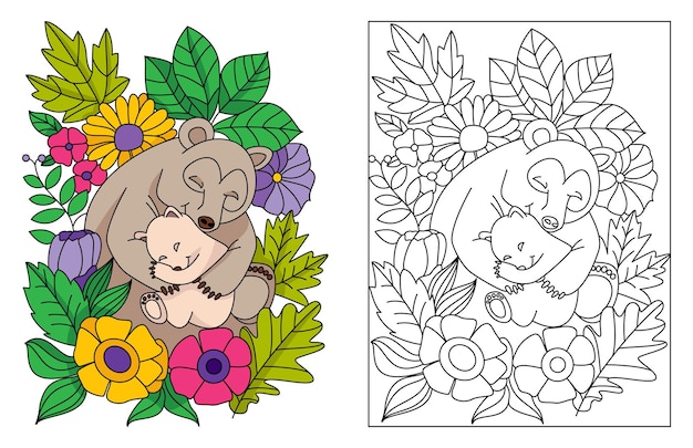 Vector baby bear and mom baby bear sleeping on her mother's hand flowers autumn coloring illustration pages