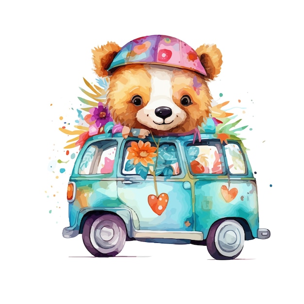 BABY BEAR WITH CAR STICKER AND APPAREL CUTE WATERCOLOR STYLE