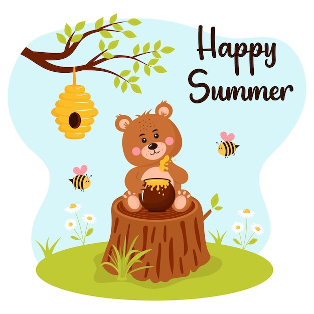 Baby bear with honey pot is sitting on the tree stump and cute round bees is flying around him