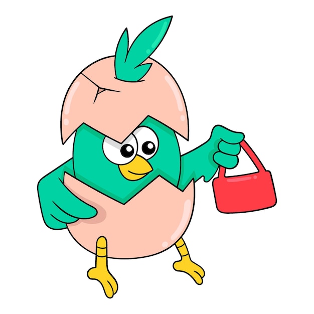 Vector baby bird carrying shopping bag doodle icon image kawaii