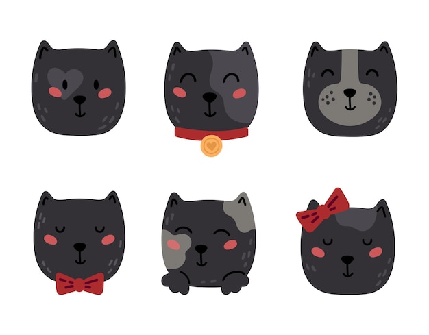 Baby black cat faces kids elements isolated