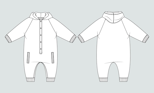 Baby bodysuit Romper Technical Fashion Flat sketch vector illustration template for kids