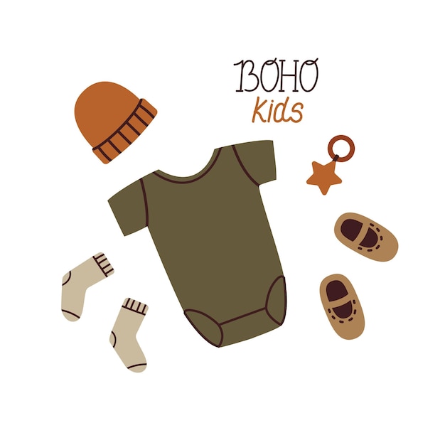 Baby boho outfits Vector jumpsuit with shoes cap and toy Vector flat illustration