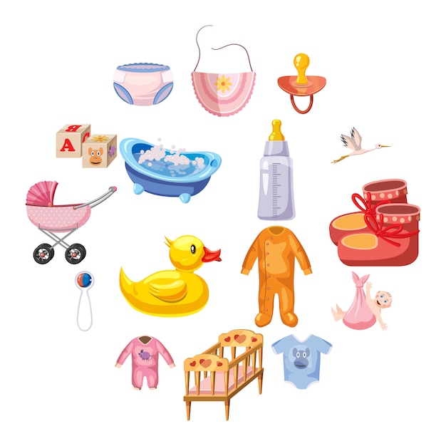 Baby born icons set, cartoon style