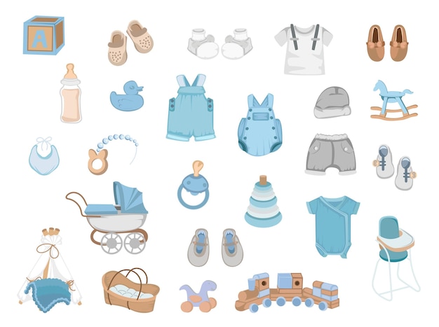 Vector baby boy clothes toys and equipment illustration elements set