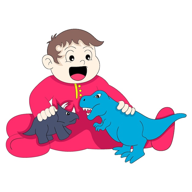 Baby boy is sitting happily playing dinosaur toys