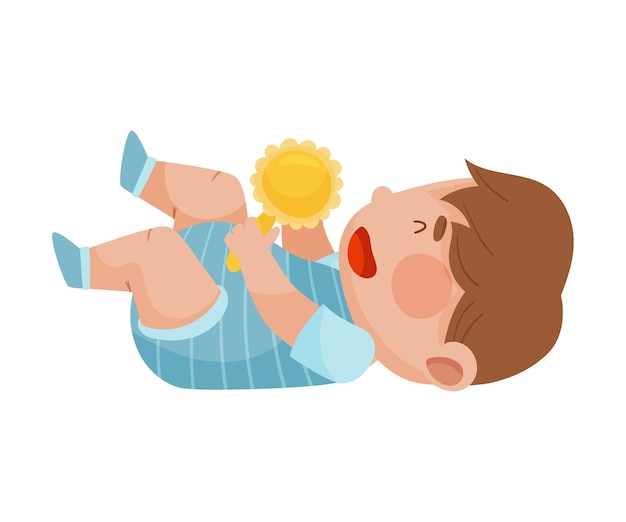 Baby Boy Lying on the Floor Holding Rattle Toy Vector Illustration