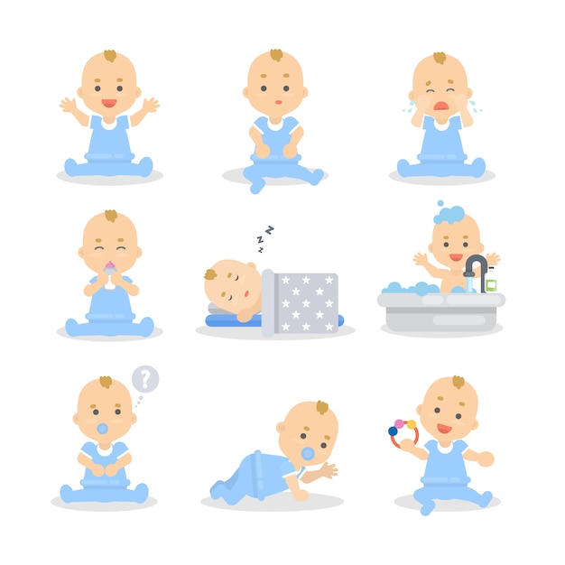 Baby boy set. Cute child in blue sleeping, playing and eating.