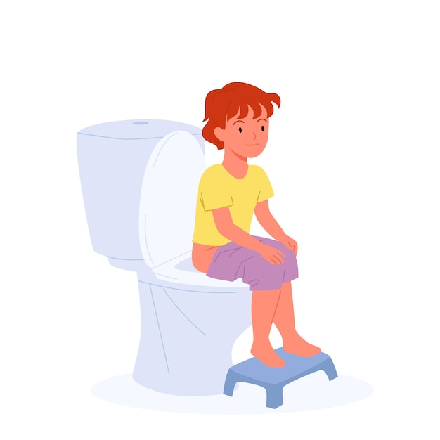 Baby boy sitting on toilet bowl preschool kid using foot bench in restroom wc training