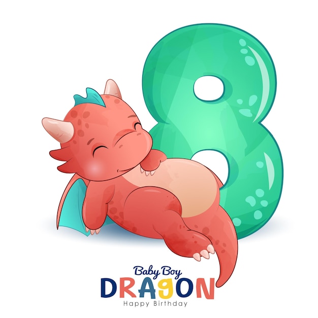 A baby boy sleeping with a dragon and the number 8.