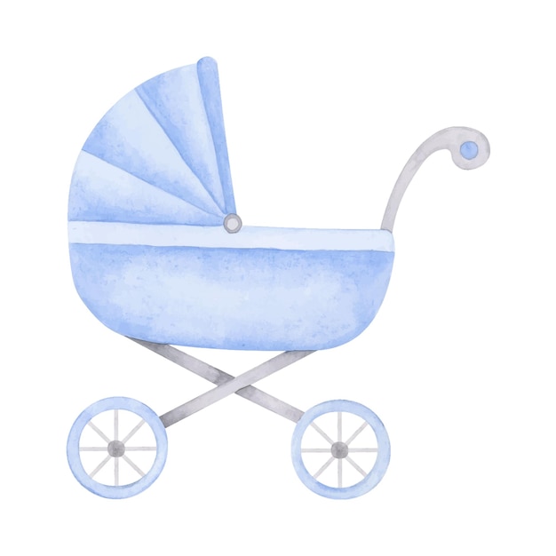 Baby boy stroller watercolor illustration Cute hand drawn baby shower design element Isolated clipart element on white background