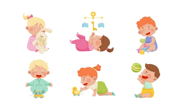 Baby boys and girls sitting on the floor and playing with their toys vector set