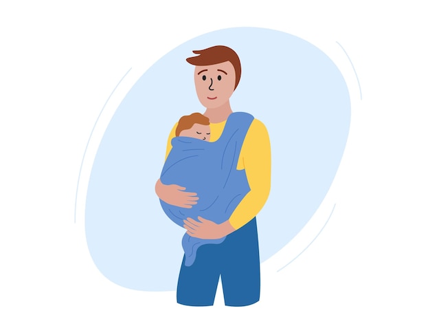 Baby carrier. Father holding newborn in sling. Happy man and child wrapped in babycarrier and sleeping. Vector flat illustration