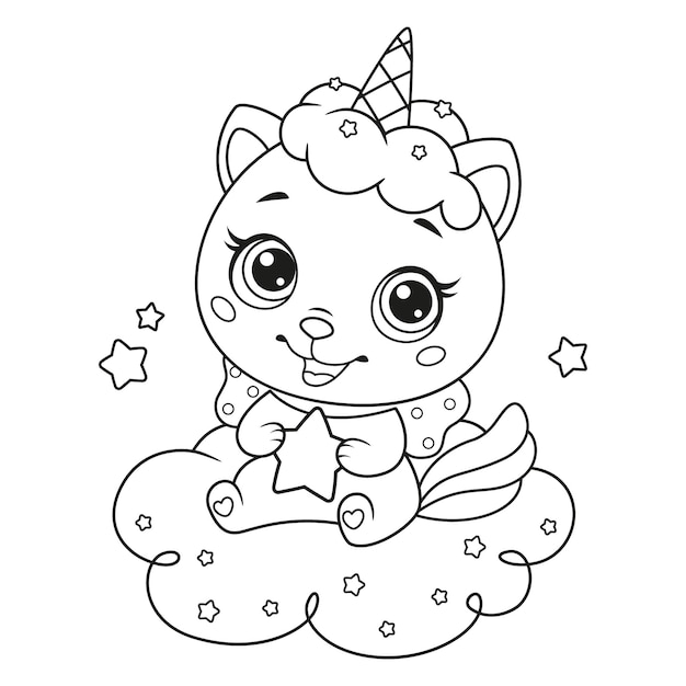 Baby cat unicorn with little star sitting on cloud coloring page