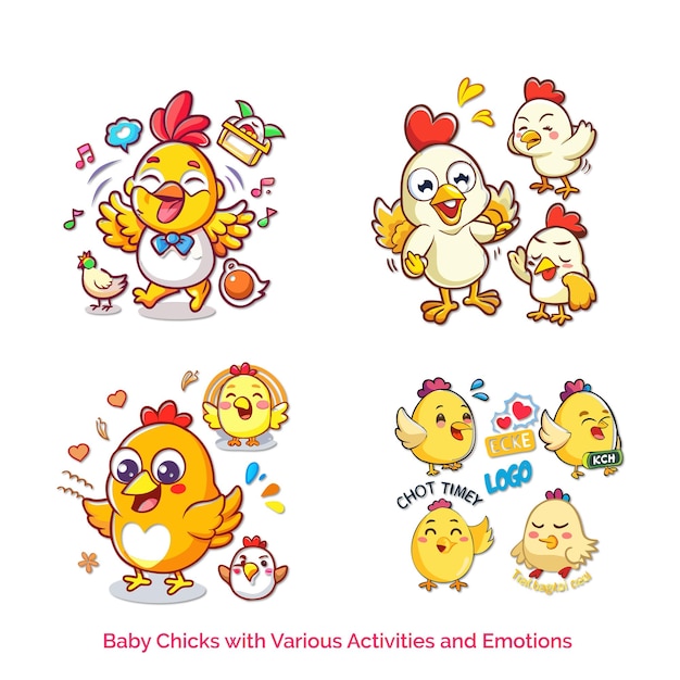 Vector baby chicks with various activities and emotions vector set art illustration icon design