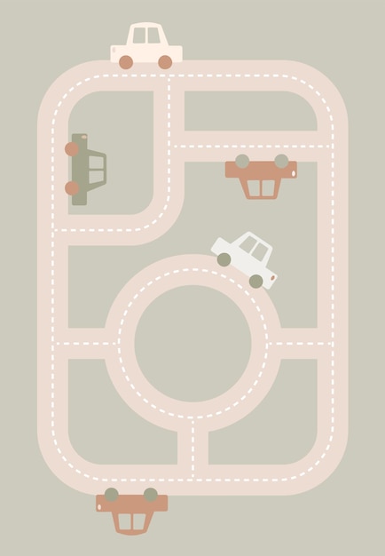 Baby City map with roads and transport. Cartoon illustration in childish hand-drawn scandinavian