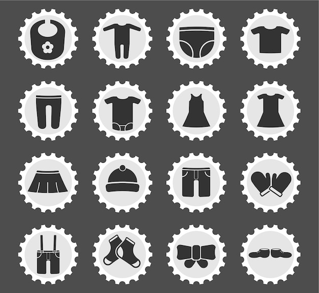 Baby clothes icons on stylized round postage stamps